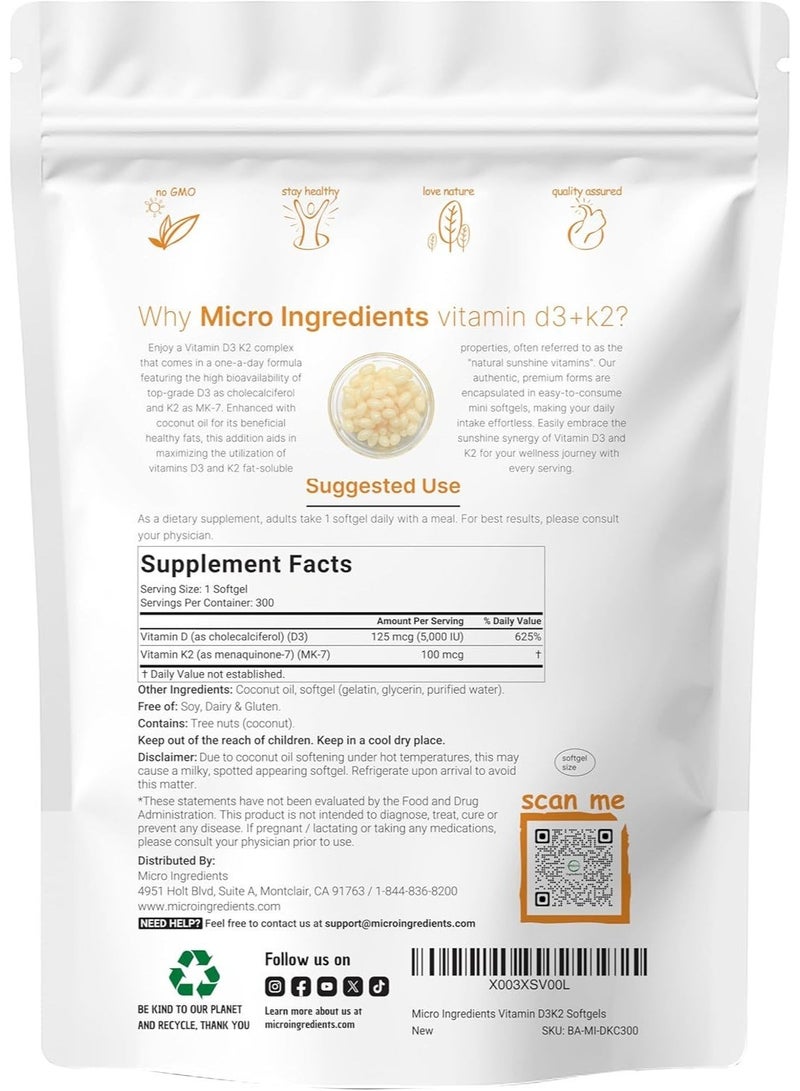 Micro Ingredients Vitamin D3 5000 IU Plus K2 (MK-7) 100 mcg, 300 Virgin Coconut Oil Softgels | 2 in 1 Vitamins D & K Complex | Supports Calcium Absorption, Bone, Immune, & Heart Health - Image 3