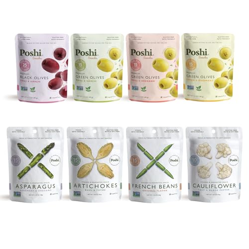 Poshi Olives + Veggies | Whole Pitted Olives 4 Flavor Variety | Poshi 4 Flavor Variety | Vegan, Kosher, Gluten Free + Keto Friendly Healthy Snacks (24 Pack) - Image 1