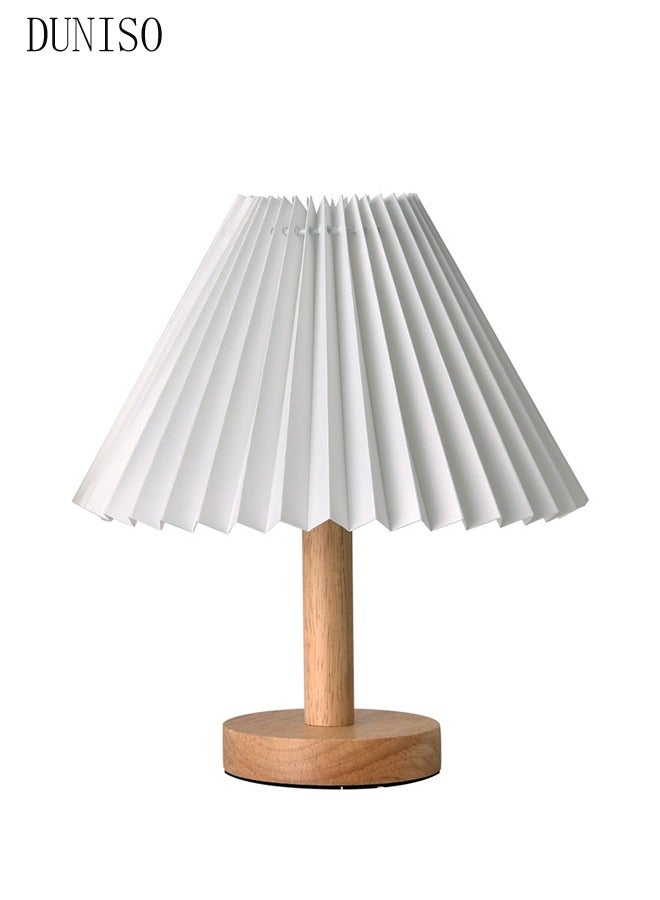 Small Pleated Table Lamp Modern Bedside Nightstand Lamp Lighting 3 Modes with Beige Lampshade Wood Base Lamp for Bedroom Living Room Kids Room Night Table