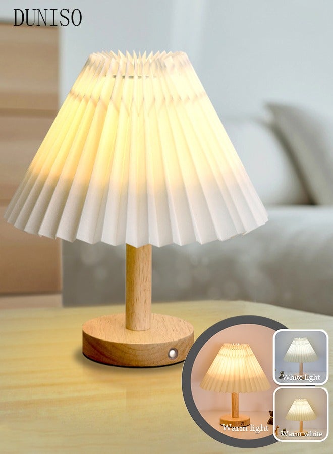 DUNISO Small Pleated Table Lamp Modern Bedside Nightstand Lamp Lighting 3 Modes with Beige Lampshade Wood Base Lamp for Bedroom Living Room Kids Room Night Table  - Image 1