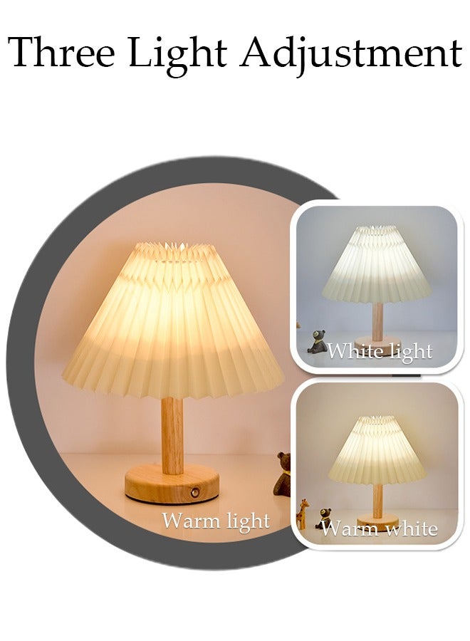 DUNISO Small Pleated Table Lamp Modern Bedside Nightstand Lamp Lighting 3 Modes with Beige Lampshade Wood Base Lamp for Bedroom Living Room Kids Room Night Table  - Image 2