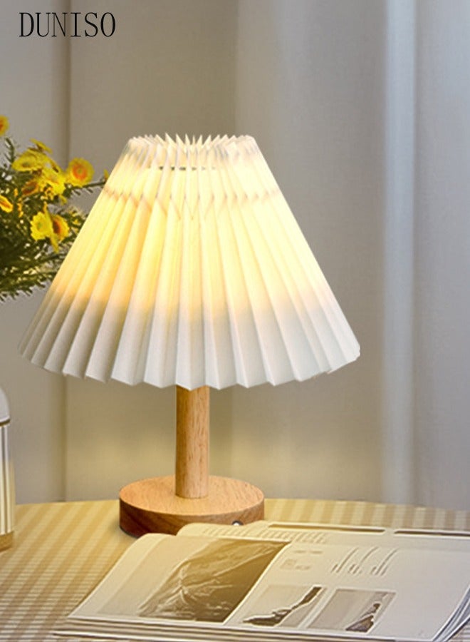 Small Pleated Table Lamp Modern Bedside Nightstand Lamp Lighting 3 Modes with Beige Lampshade Wood Base Lamp for Bedroom Living Room Kids Room Night Table