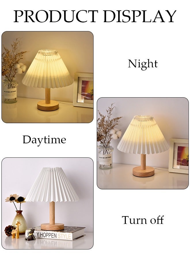 DUNISO Small Pleated Table Lamp Modern Bedside Nightstand Lamp Lighting 3 Modes with Beige Lampshade Wood Base Lamp for Bedroom Living Room Kids Room Night Table  - Image 5