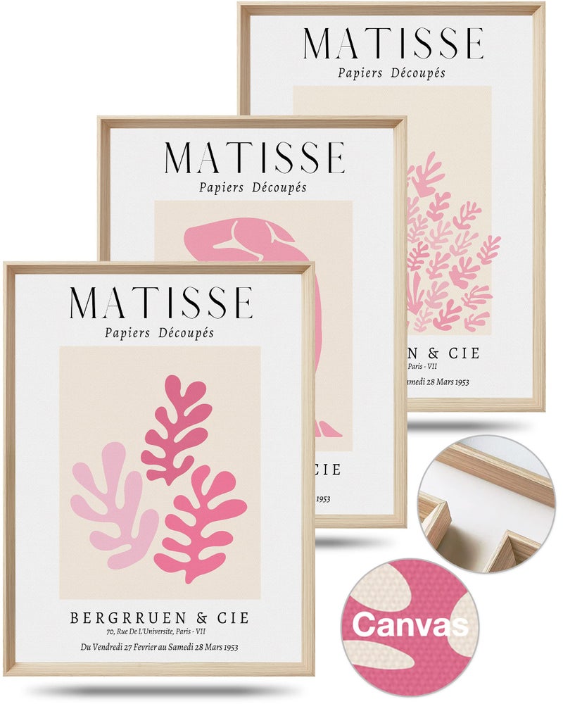 Framed Matisse Pink Canvas Wall ArtAbstract Matisse Canvas Wall Decor16x12IN High Framed Wood Design PrintsMinimalist Wood Frame Posters for Living RoomBedroomBathroom Set of 3