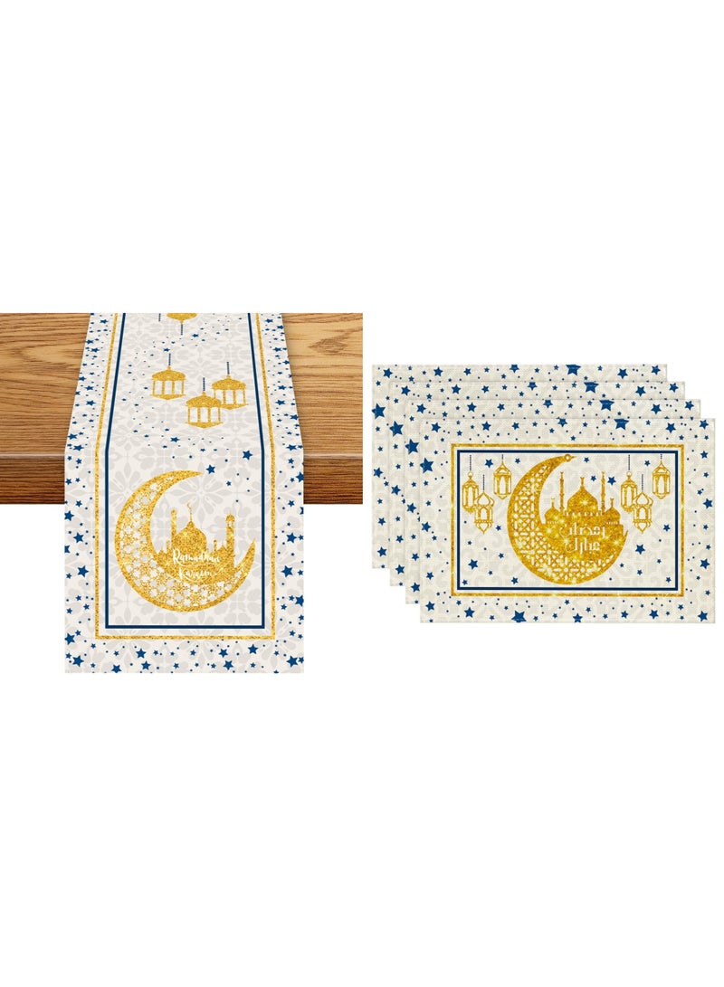 Y&D 1 PCS Eid Mubarak Table Flag 8 PCS Table Placemats Eid Mubarak Table Runner, Islam Ramadan Burlap Table Decoration, Star Moon Mosque Dresser Scarves for  Home Outdoor Table Party Decor - Image 1