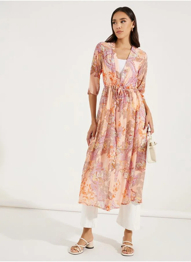 ستايلي Midi Length Printed Kimono with Drawstring