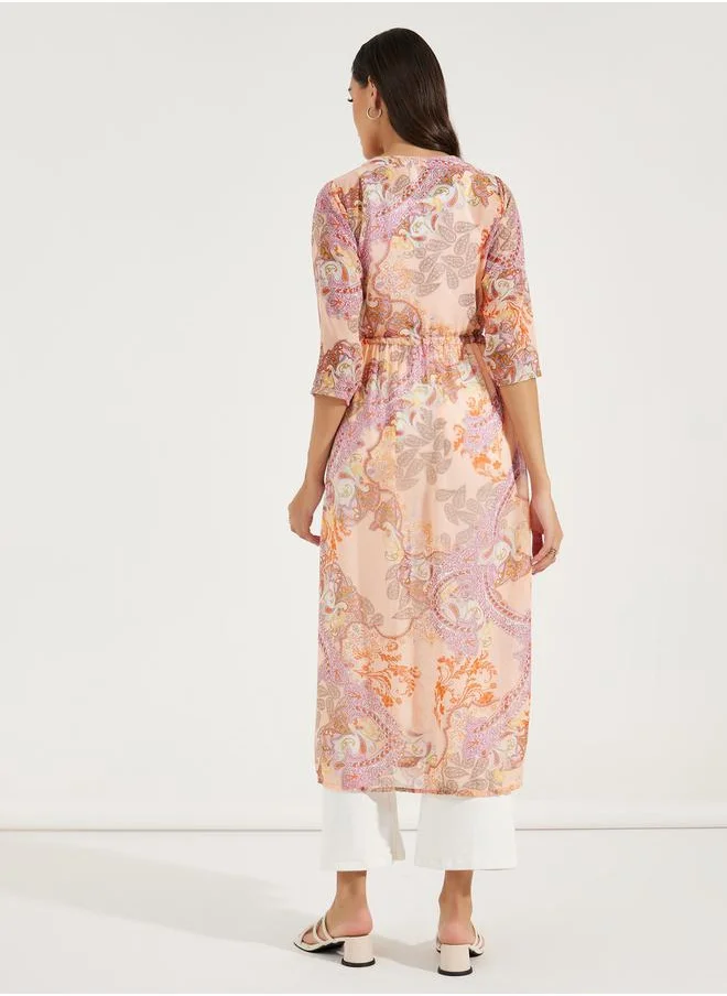 Styli Midi Length Printed Kimono with Drawstring