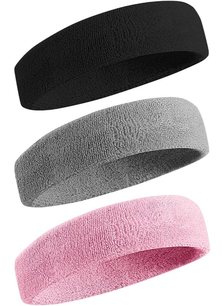 TEMPO 3 Pcs Headbands, Stretchy Non Slip - Sweatbands Sports Hairband for Men & Women, Moisture Wicking Athletic Cotton Terry Cloth, Summer Head band for Yoga, Workout, Running, Tennis, Basketball - Cycling Fashion Hair Accessories - Image 1