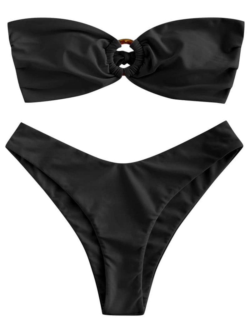 ZAFUL Women's Bandeau Bikini O Ring Strapless Tie Back High Cut Two Piece Swimsuit Bathing Suits (1-Black, M) - Image 1