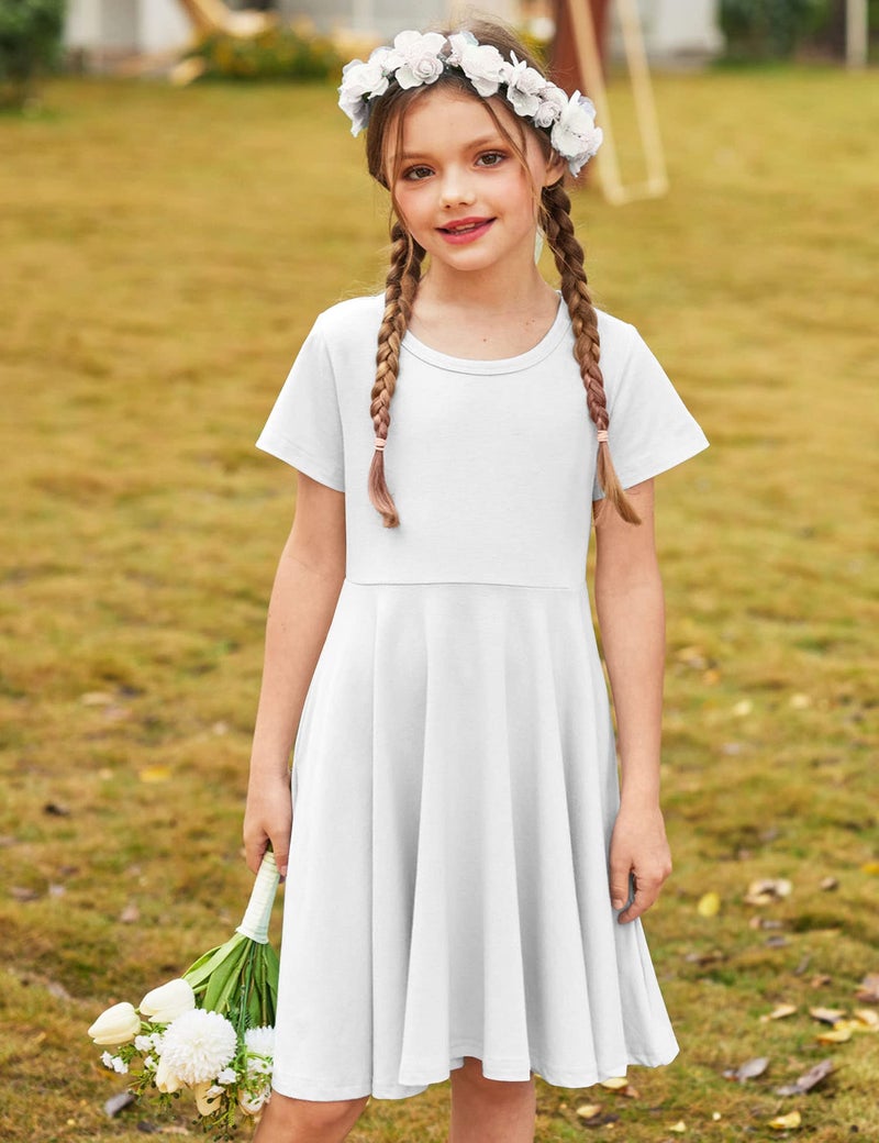 Arshiner Girl's Summer Dresses Short Sleeve Casual Holiday Skater Twirl Dress with Pockets White Kids 6-7 Y - Image 2