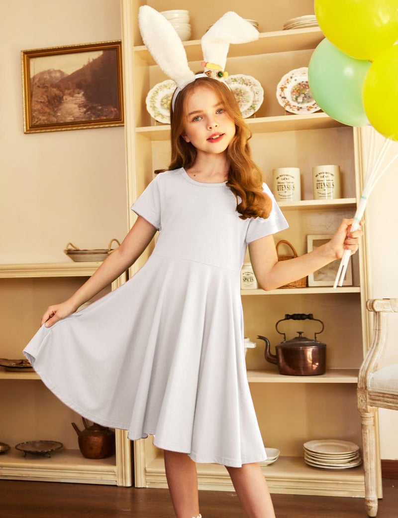 Arshiner Girl's Summer Dresses Short Sleeve Casual Holiday Skater Twirl Dress with Pockets White Kids 6-7 Y - Image 4