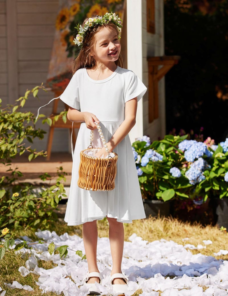 Arshiner Girl's Summer Dresses Short Sleeve Casual Holiday Skater Twirl Dress with Pockets White Kids 6-7 Y - Image 3