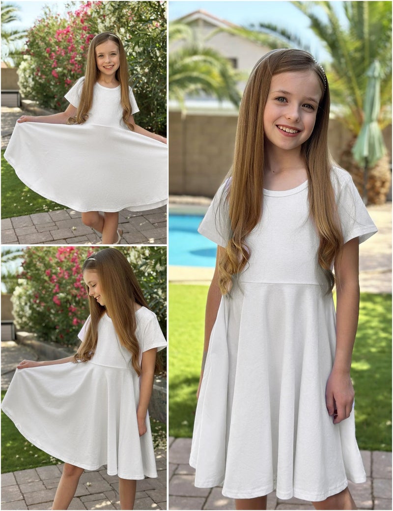 Arshiner Girl's Summer Dresses Short Sleeve Casual Holiday Skater Twirl Dress with Pockets White Kids 6-7 Y - Image 5