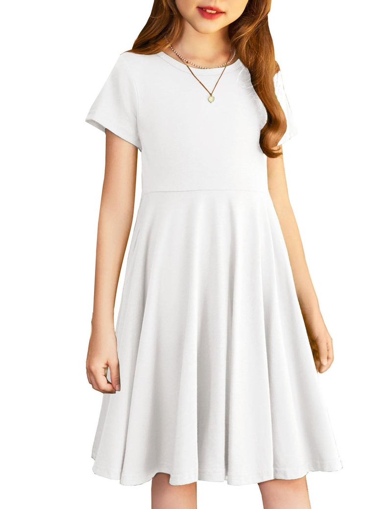 Arshiner Girl's Summer Dresses Short Sleeve Casual Holiday Skater Twirl Dress with Pockets White Kids 6-7 Y - Image 1