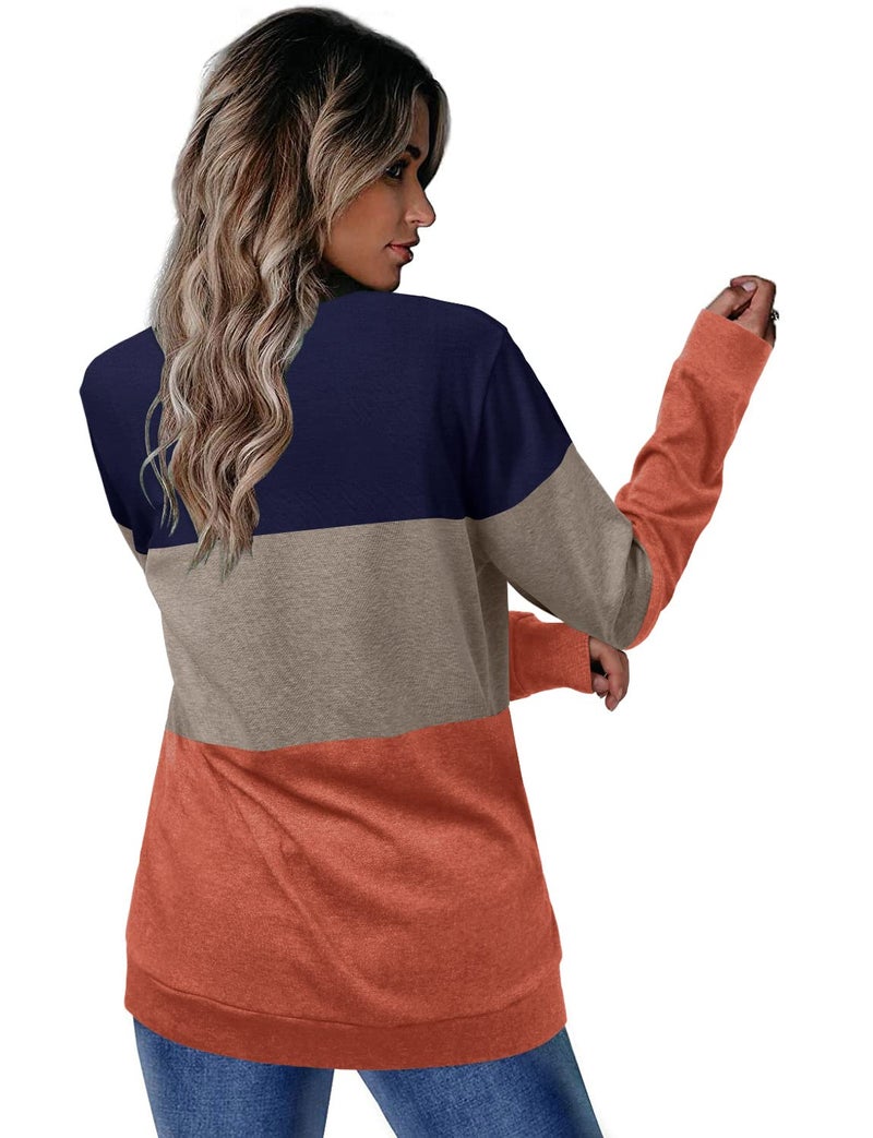 CRAZY GRID Womens Long Sleeve Shirts Casual Trendy Color Block Fall Tops Ladies Soft Loose Fit Crewneck Sweatshirt Lightweight S Khaki Blue Orange - Image 4