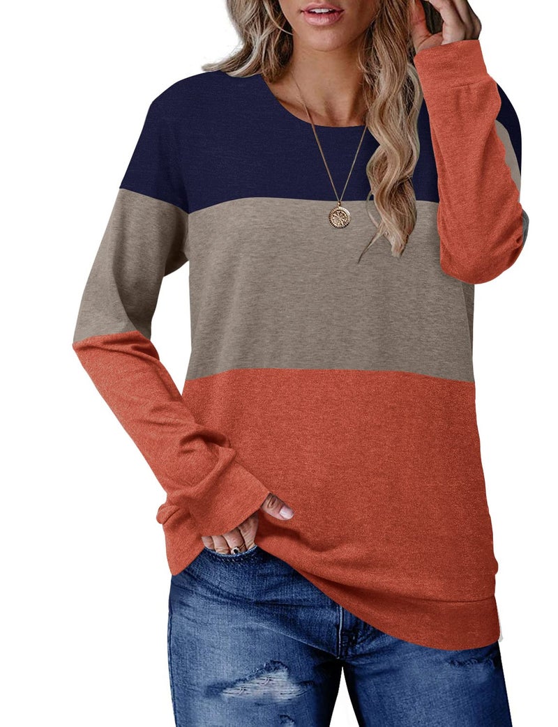 CRAZY GRID Womens Long Sleeve Shirts Casual Trendy Color Block Fall Tops Ladies Soft Loose Fit Crewneck Sweatshirt Lightweight S Khaki Blue Orange - Image 2