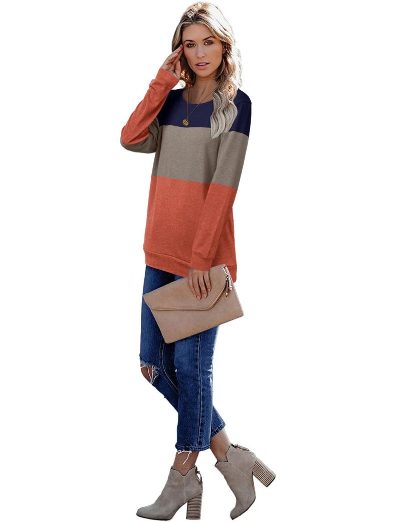 CRAZY GRID Womens Long Sleeve Shirts Casual Trendy Color Block Fall Tops Ladies Soft Loose Fit Crewneck Sweatshirt Lightweight S Khaki Blue Orange - Image 3