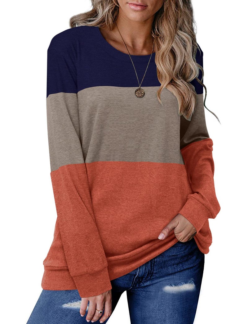 CRAZY GRID Womens Long Sleeve Shirts Casual Trendy Color Block Fall Tops Ladies Soft Loose Fit Crewneck Sweatshirt Lightweight S Khaki Blue Orange - Image 1