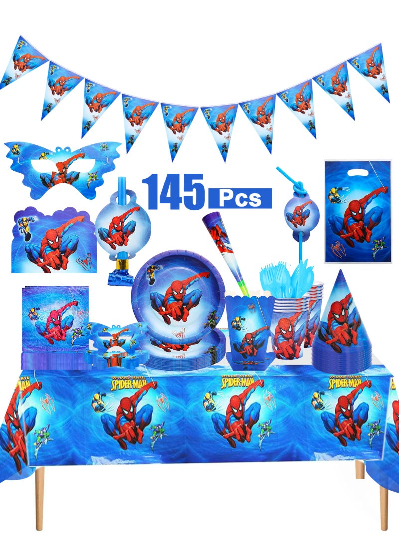145 قطعة من لوازم حفلات عيد الميلاد سبايدرمان والأصدقاء، تتضمن لافتة وخلفية ومجموعة أدوات مائدة وغطاء طاولة وزينة كعكة وما إلى ذلك من ديكورات حفلات سبايدرمان - Image 1