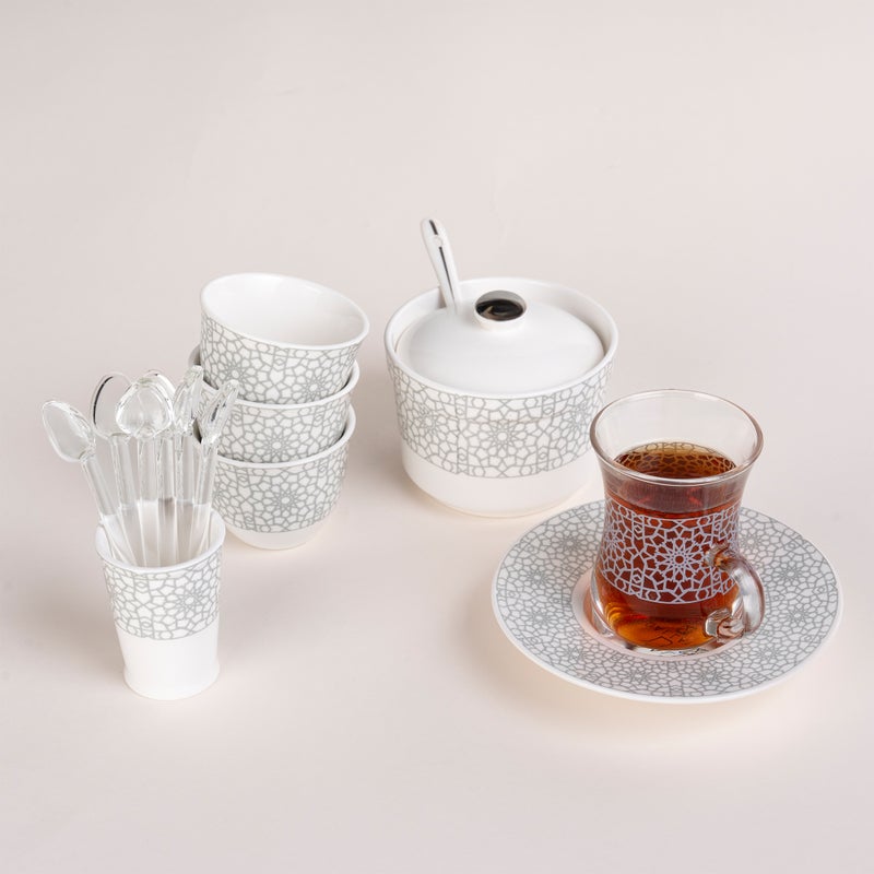 زخرف طقم أكواب شاي وفناجين قهوة عثماني أبيض ورمادي 28 قطعة - Image 1