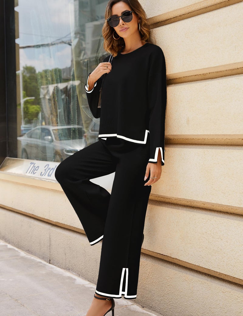 Tanming Women's 2 Piece Outfits Long Sleeve Knit Sweater Top Wide Leg Pants Lounge Sets Tracksuits (Black-XL) - Image 5