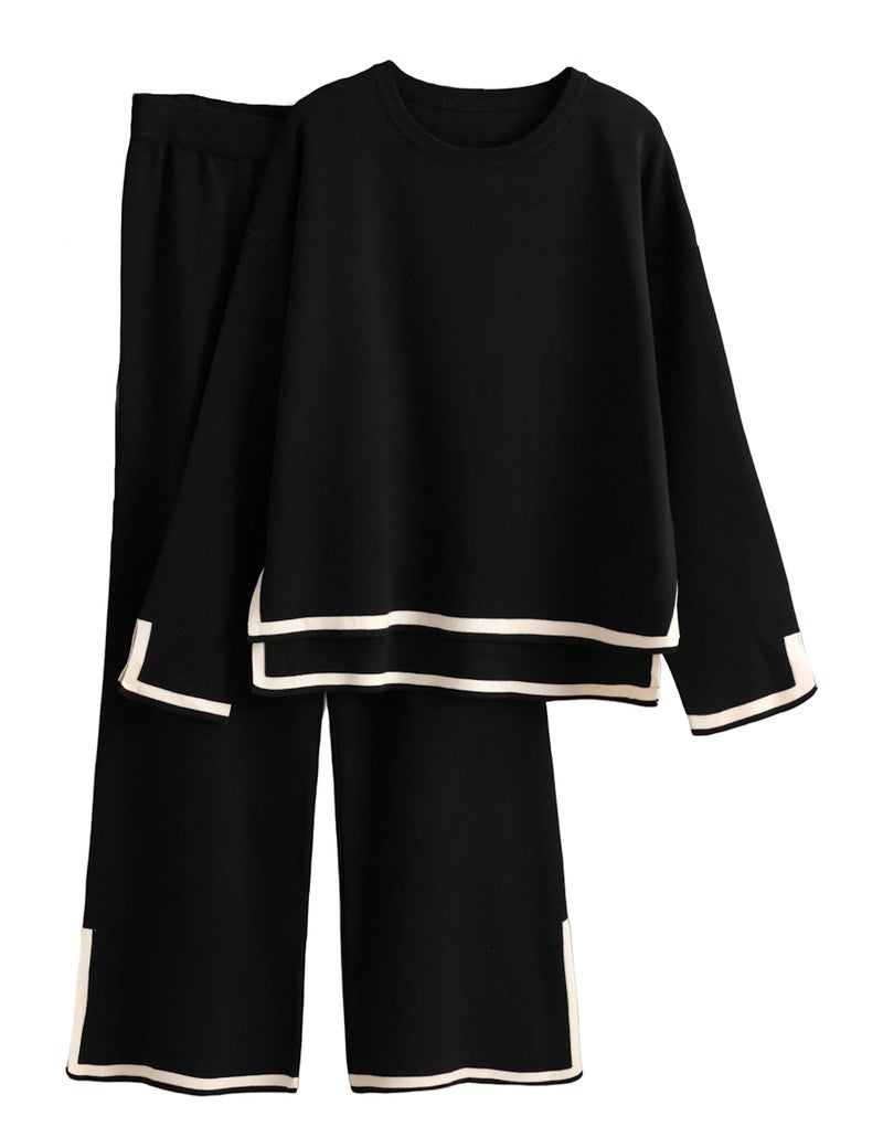 Tanming Women's 2 Piece Outfits Long Sleeve Knit Sweater Top Wide Leg Pants Lounge Sets Tracksuits (Black-XL) - Image 1