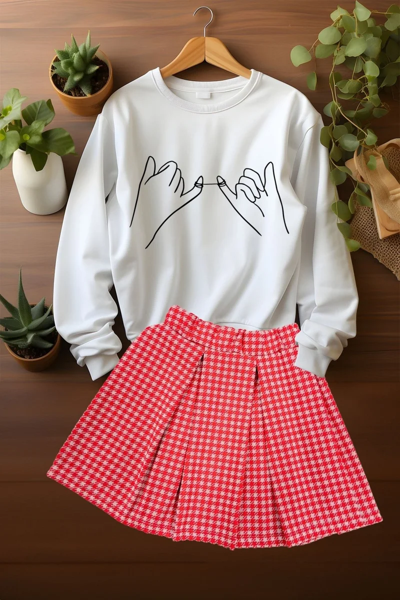 Ada Bebek Çocuk Ada Baby Child Style Plaid Skirt Sweat Skirt Top and Bottom Set
