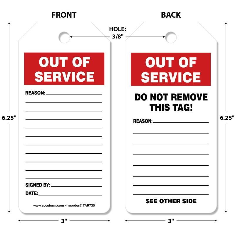 Accuform Signs TAR730 Tags By-The-Roll Status Record Tags, Legend "OUT OF SERVICE", 6.25" Length x 3" Width x 0.010" Thickness, PF-Cardstock, Red/Black on White (Roll of 250) - Image 2