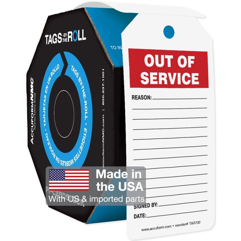 Accuform Signs TAR730 Tags By-The-Roll Status Record Tags, Legend "OUT OF SERVICE", 6.25" Length x 3" Width x 0.010" Thickness, PF-Cardstock, Red/Black on White (Roll of 250) - Image 1