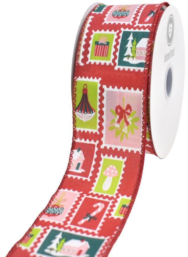 Homeford Christmas Icon Stamp Collage Wired Ribbon, Red, 2-1/2-inch, 10-Yard - Image 1