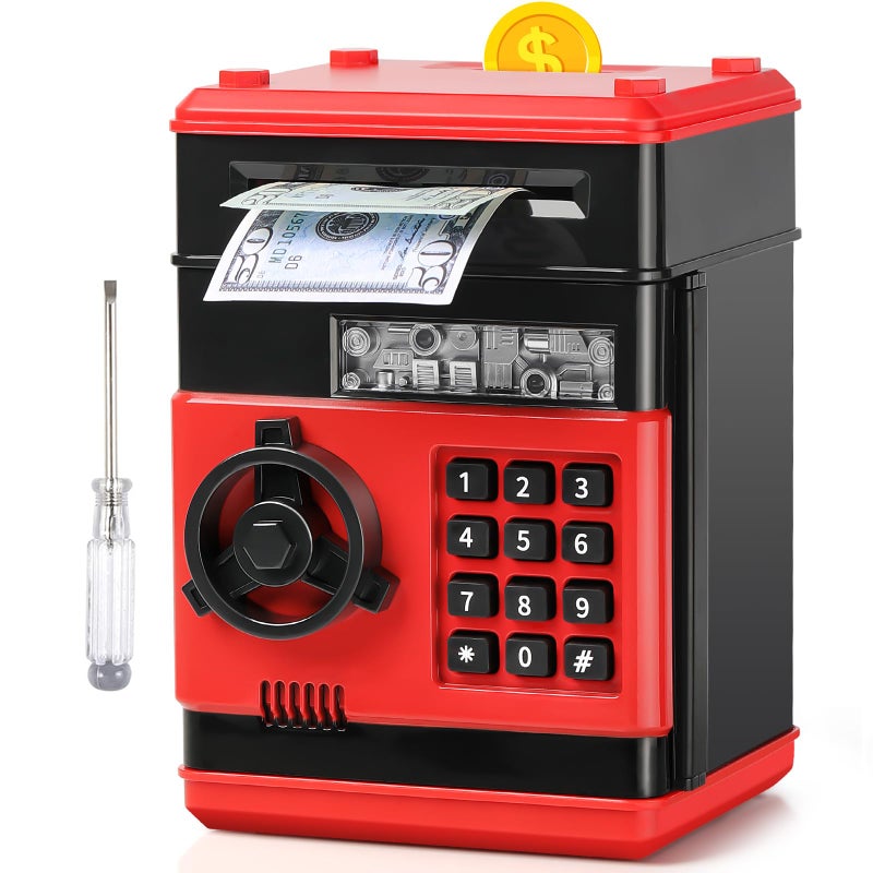 ATM Piggy Bank for Boys Girls Vcertcpl Mini ATM Coin Bank Money Saving Box with Password Kids Safe Money Jar for Adults with Auto Grab Bill Slot Great Gift Toy Bank for Kids RedBlack 02