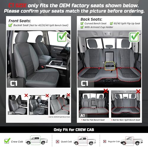 Carlimeki Premium Faux Leather Seat Covers Custom Fit for Dodge RAM 1500 (2012-2019) & RAM 1500 Classic (2019-2024) Crew Cab - Fully Covered - (C1 Size, Confirm with Fitment Guide Before Order) - Image 2
