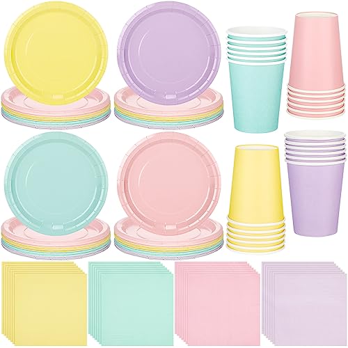 meekoo 72 Pcs Pastel Party Supplies Disposable 7" Pastel Paper Plates Napkins Paper Cups Serve 24 Guests, Macaron Color Tableware Sets for Birthday Wedding Baby Shower Party Decoration - Image 1
