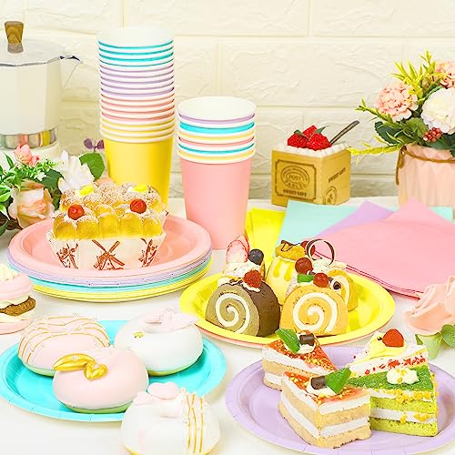 meekoo 72 Pcs Pastel Party Supplies Disposable 7" Pastel Paper Plates Napkins Paper Cups Serve 24 Guests, Macaron Color Tableware Sets for Birthday Wedding Baby Shower Party Decoration - Image 4
