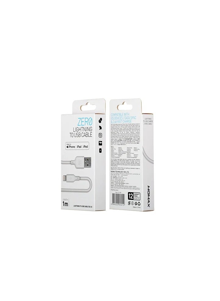 Momax - Momax Zero MFi-Certified USB-A to Lightning Cable 1M – White - Image 1