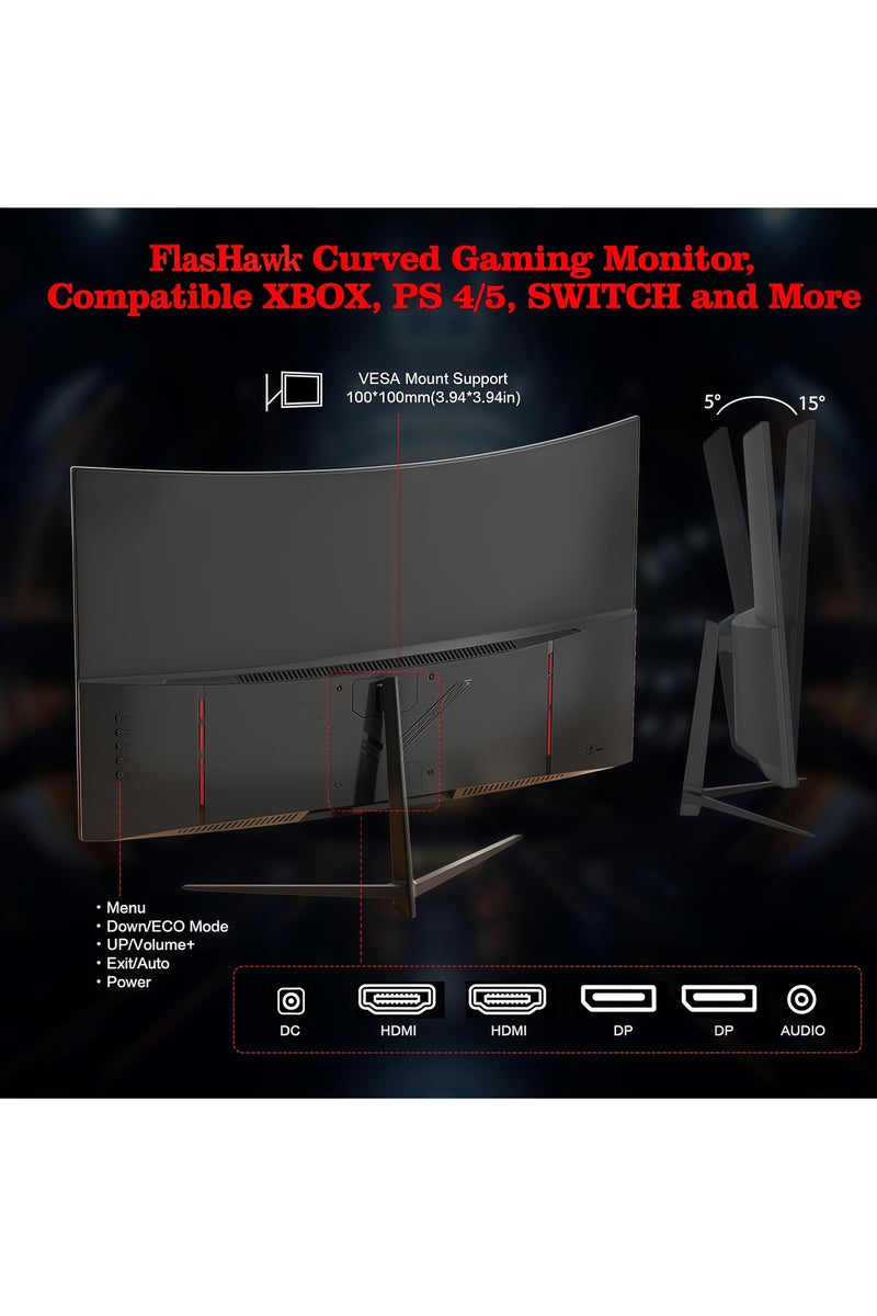 فلاشهوك شاشة منحنية 2K مقاس 27 بوصة مع مكبرات صوت وإضاءة خلفية LED، شاشة ألعاب QHD 2560x1440p 180/144 هرتز مع AMD FreeSync، خالية من الوميض، 2 منفذ HDMI 2.0، 2 منفذ DP 1.4، شاشة كمبيوتر فائقة النحافة بدون إطار 1500R - Image 5
