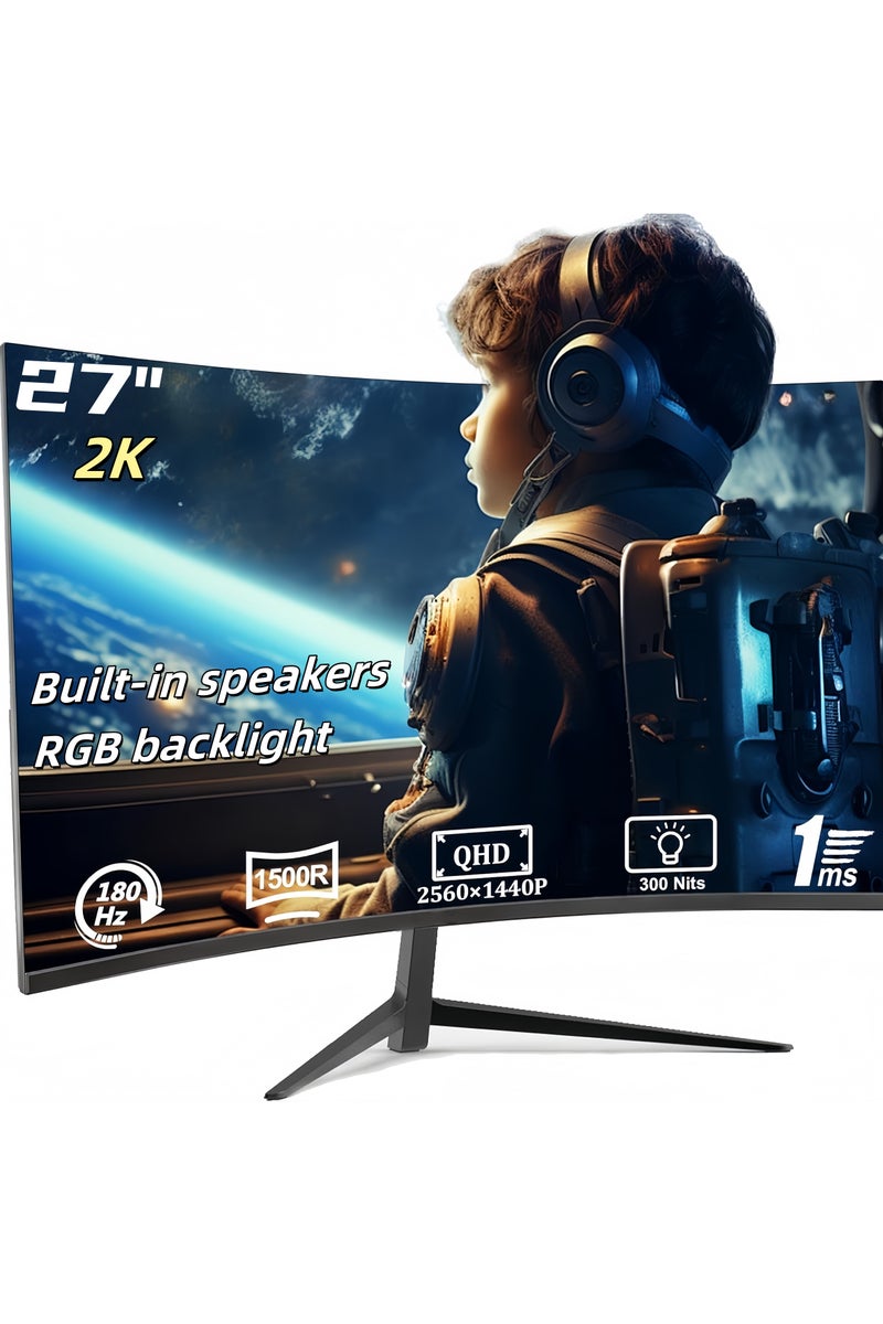 فلاشهوك شاشة منحنية 2K مقاس 27 بوصة مع مكبرات صوت وإضاءة خلفية LED، شاشة ألعاب QHD 2560x1440p 180/144 هرتز مع AMD FreeSync، خالية من الوميض، 2 منفذ HDMI 2.0، 2 منفذ DP 1.4، شاشة كمبيوتر فائقة النحافة بدون إطار 1500R - Image 1