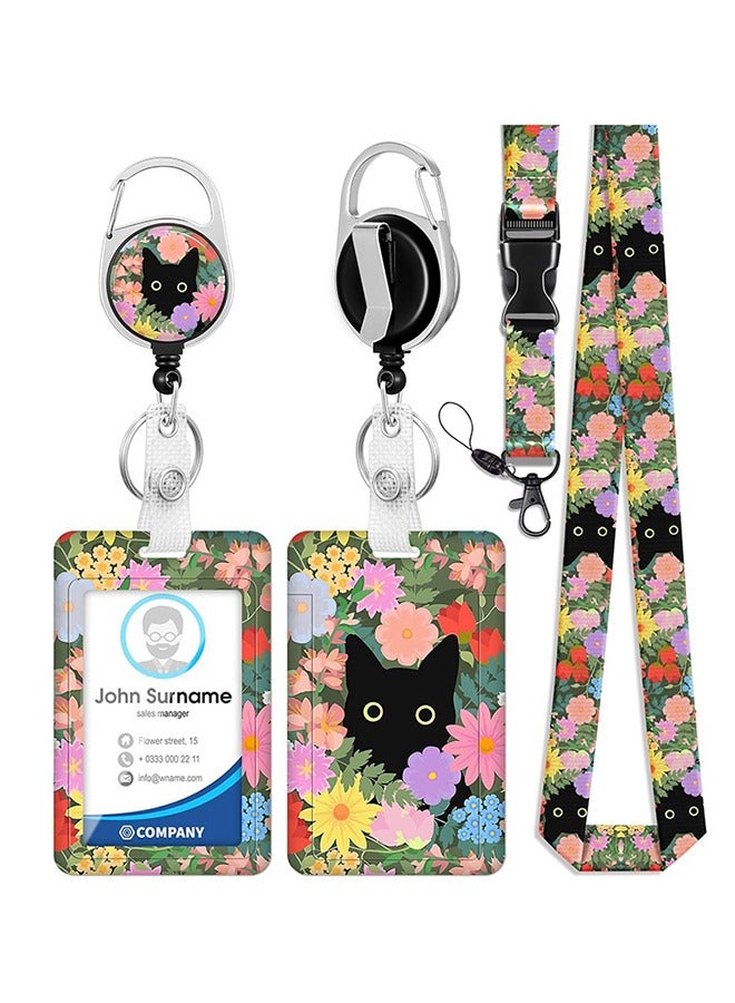 ID Badge Holder with Retractable Reel Clip, Cute Black Cat Flowers Floral Card Name Tag Lanyard Vertical ID Protector Bage for Nurse Nursing Doctor Teacher Student - Image 1
