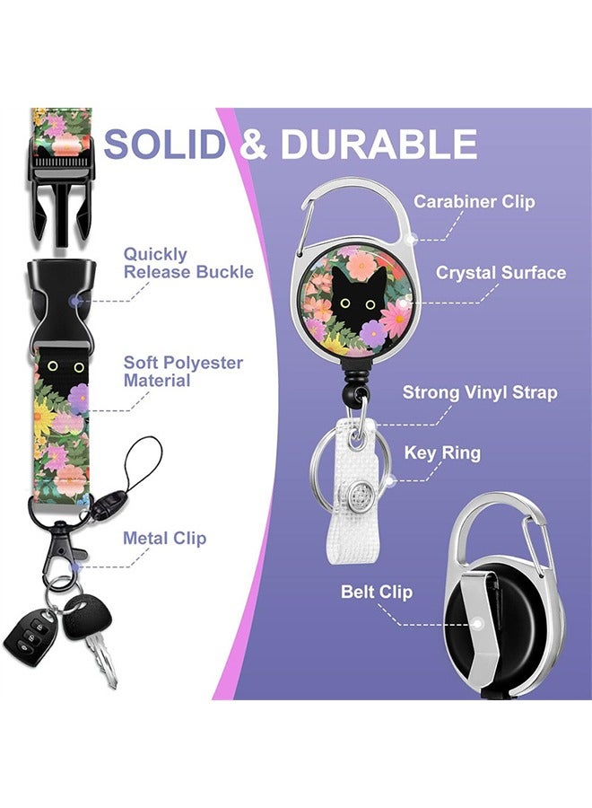 ID Badge Holder with Retractable Reel Clip, Cute Black Cat Flowers Floral Card Name Tag Lanyard Vertical ID Protector Bage for Nurse Nursing Doctor Teacher Student - Image 3