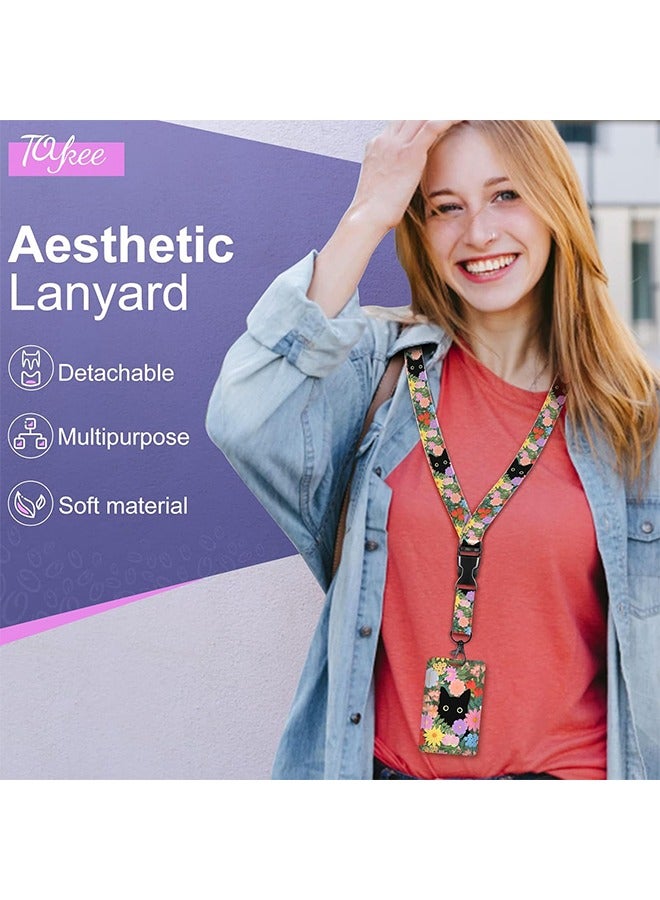 ID Badge Holder with Retractable Reel Clip, Cute Black Cat Flowers Floral Card Name Tag Lanyard Vertical ID Protector Bage for Nurse Nursing Doctor Teacher Student - Image 5