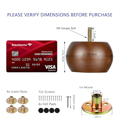 Maricome 2 Inch Bun Furniture Feet Walnut Round Solid Wooden Ottoman/Couch/Sofa Legs Set of 4 Pre-drilled M8 Bolt with Metal Brackets - Image 2