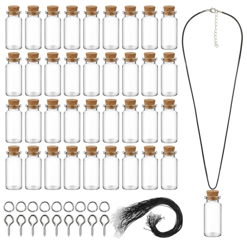 Sawysine Sawysine 50 Pcs 10 ml Mini Glass Bottles with Cork Tiny Wishing Bottles with 50 Pcs Black Waxed Cord100 Pcs Eye Screws and 100 Pcs Clasp Ringsfor DIY Crafts Container Necklace Jars 