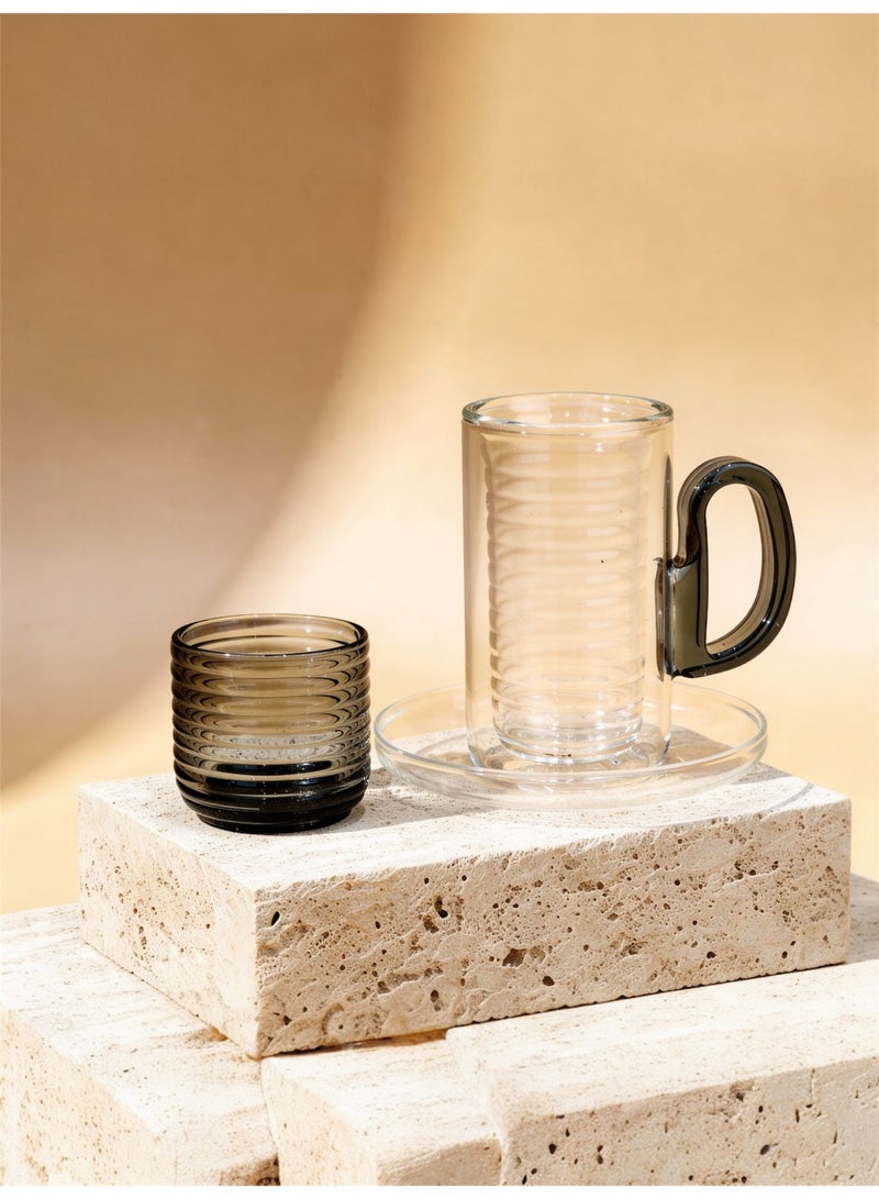 Raz 18 Pieces Tea & Coffee Serving Set – Double-Wall Glass with Ribbed Inner Cup & Clear Saucer - Image 3