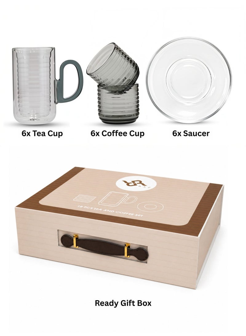 Raz 18 Pieces Tea & Coffee Serving Set – Double-Wall Glass with Ribbed Inner Cup & Clear Saucer - Image 2