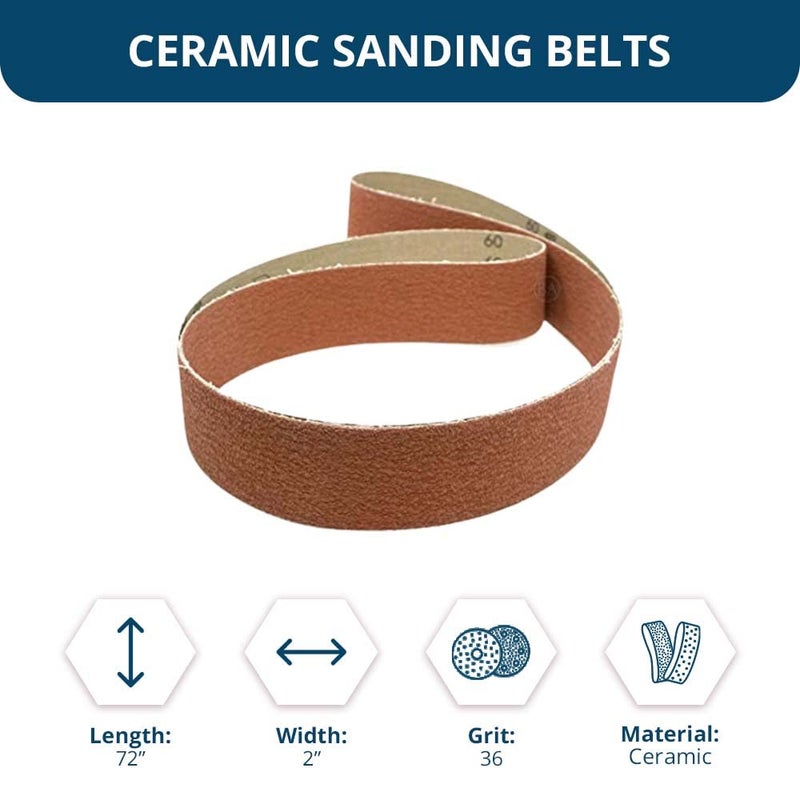 Benchmark Abrasives حزام صنفرة سيراميكي متميز 2" × 72" لطحن وإزالة الصدأ والتلميع على المعادن والفولاذ المقاوم للصدأ والفولاذ الكربوني، للاستخدام مع آلة صنفرة الحزام (عبوة 6) - 36 حبيبة - Image 5