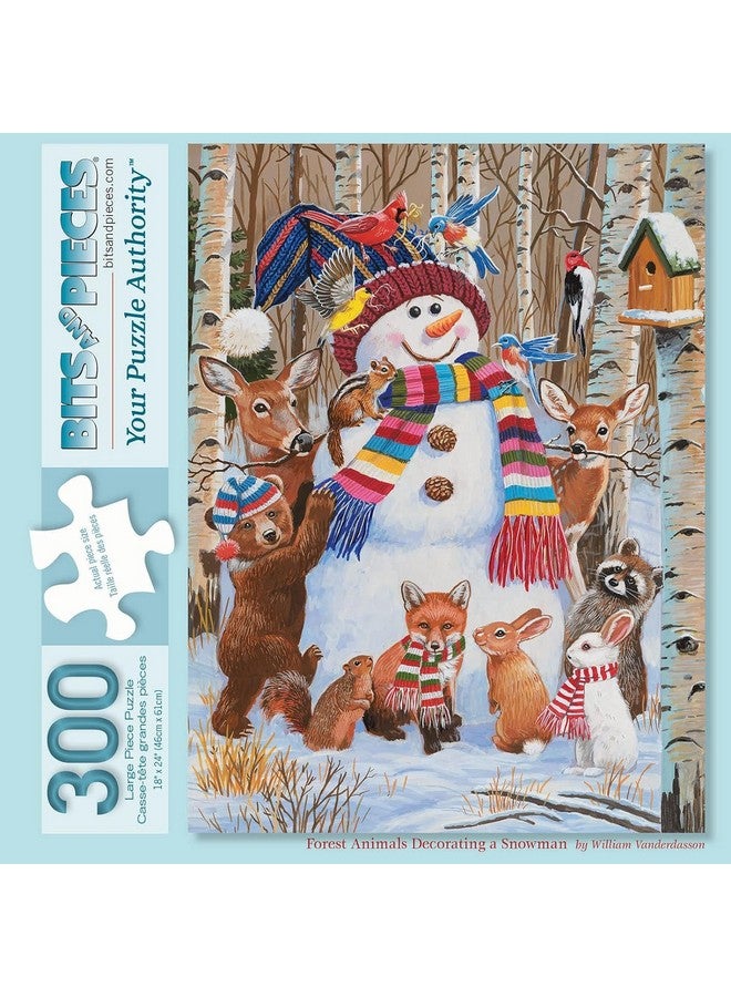 Bits and Pieces - 300 Piece Jigsaw Puzzle For Adults 18" X 24" - Forest Animals Decorating A Snowman - 300 Pc Winter Snow Holiday Woods Scarf Bird House Jigsaw By Artist William Vanderdasson - Image 1
