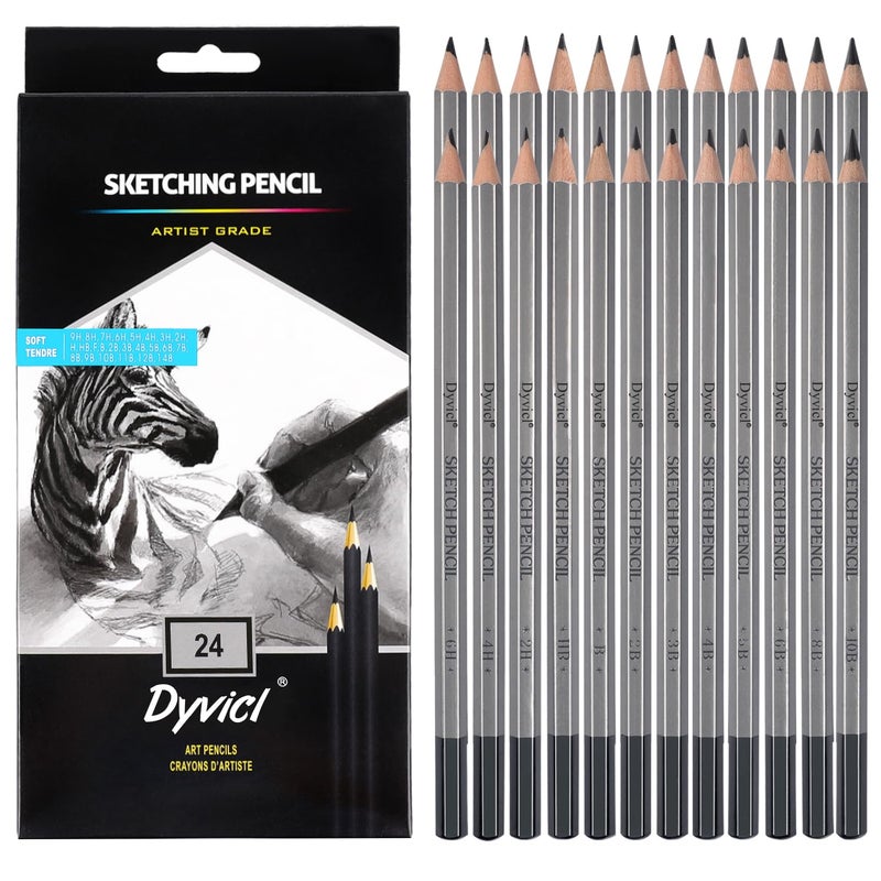 Dyvicl Professional Drawing Sketching Pencil Set - 24 Pieces Drawing Pencils 14B, 12B, 11B, 10B, 9B, 8B, 7B, 6B, 5B, 4B, 3B, 2B, B, HB, F, H, 2H, 3H, 4H, 5H, 6H, 7H, 8H, 9H Graphite Pencils - Image 1