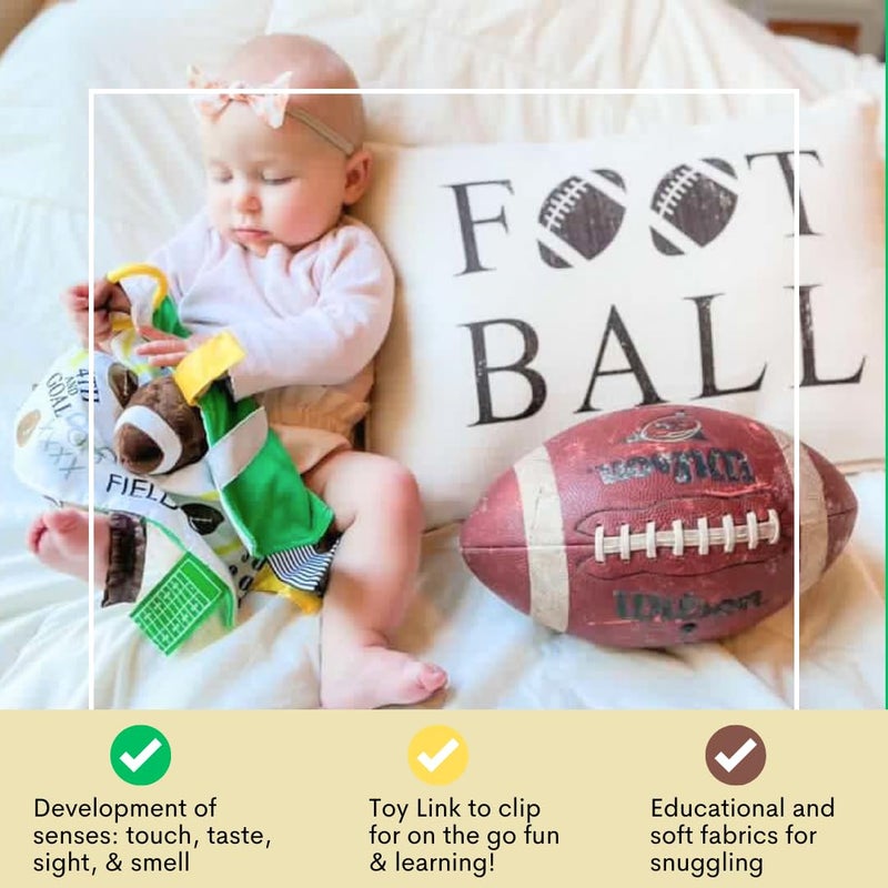 The Learning Lovey Baby Jack & Co 10x10â€ Football Sports Lovey Sensory Plush Blanket - Tag Toys for Babies - Baby Stroller Toys - Learn Shapes, Letters & Colors - MVP Baby Ball Toy & Baby Sports Gift - Image 5