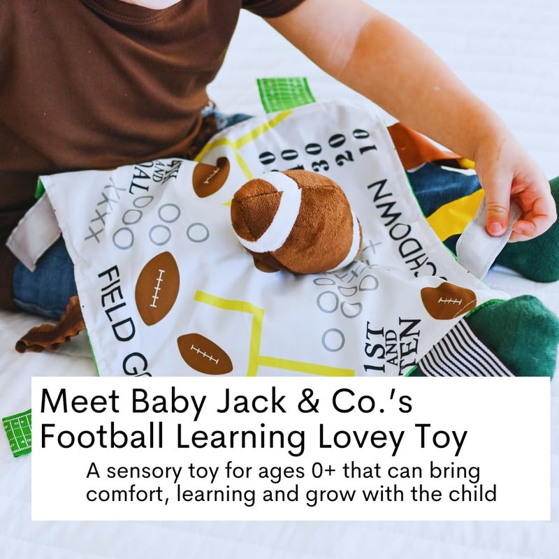 The Learning Lovey Baby Jack & Co 10x10â€ Football Sports Lovey Sensory Plush Blanket - Tag Toys for Babies - Baby Stroller Toys - Learn Shapes, Letters & Colors - MVP Baby Ball Toy & Baby Sports Gift - Image 2
