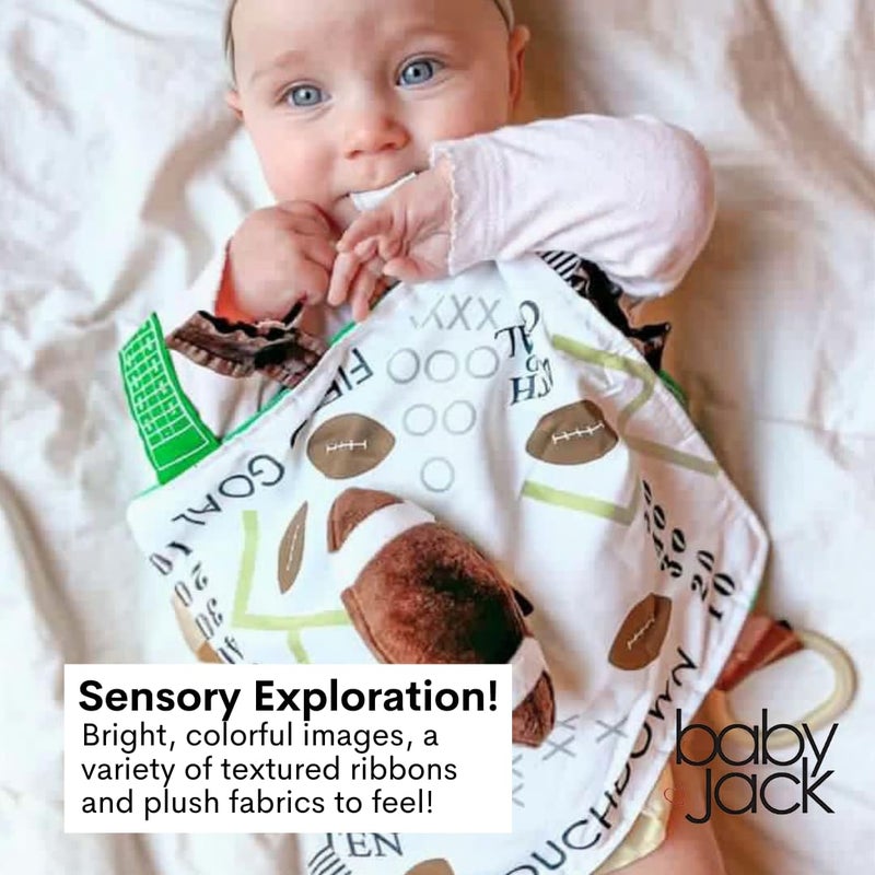 The Learning Lovey Baby Jack & Co 10x10â€ Football Sports Lovey Sensory Plush Blanket - Tag Toys for Babies - Baby Stroller Toys - Learn Shapes, Letters & Colors - MVP Baby Ball Toy & Baby Sports Gift - Image 4